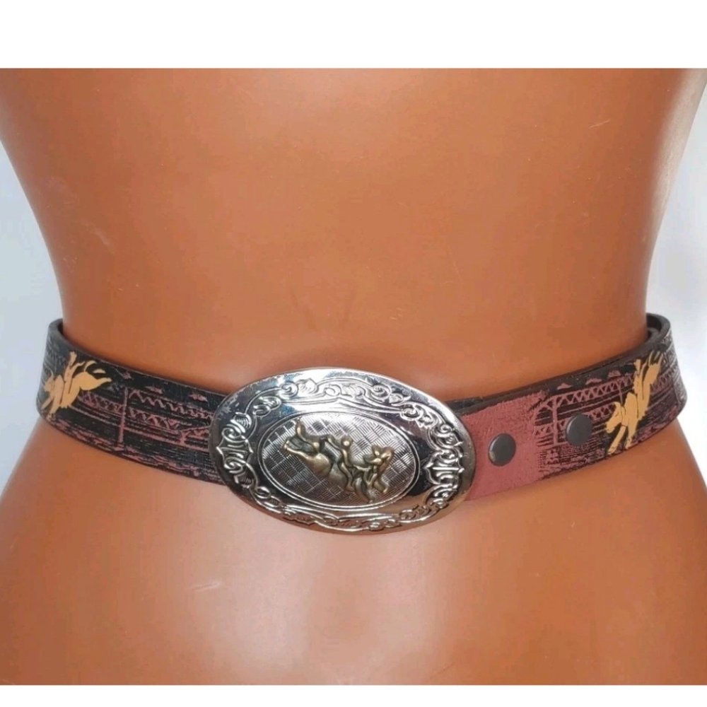 Nocona Rodeo Western Tooled Leather Belt Boys Sz 26 Silver Gold Bullrider Buckle